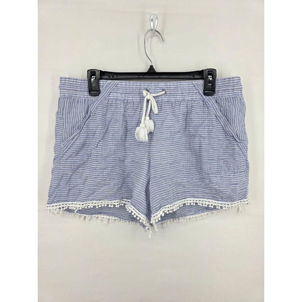 Maurices Womens Blue White Striped PomPom Trim Shorts Large ElasticWaist Tassels